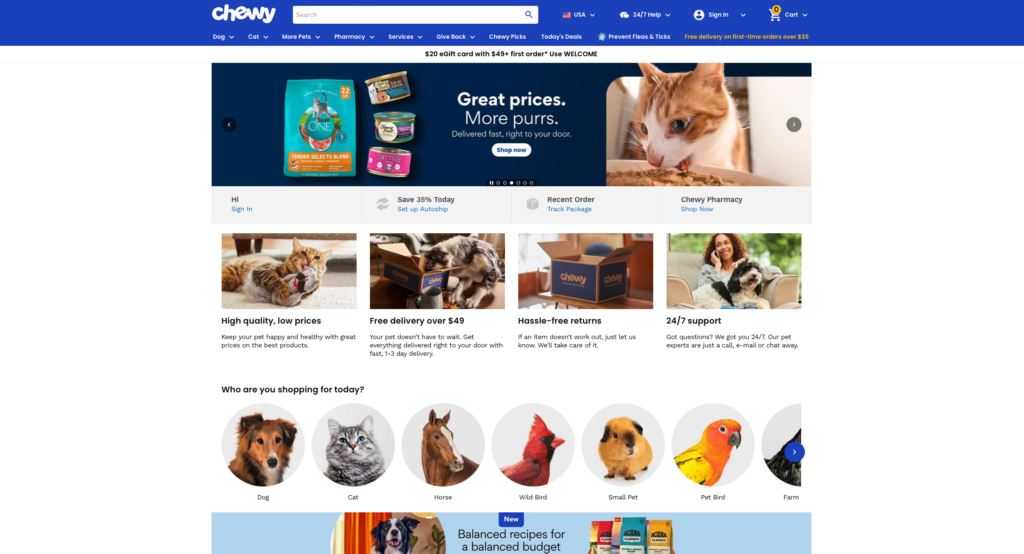Image of the Chewy.com homepage that shows off an intuitive design for an e-commerce website.